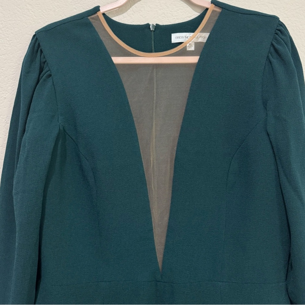 DRESS THE POPULATION KELLI PLUNGING CREPE SHEATH DRESS PUFF LONG SLEEVES GREEN‎ - Picture 2 of 8
